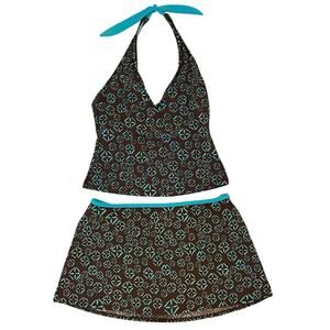Athleta Halter Tankini Swim Skirt Two-Piece Set M/L Brown Teal Full Coverage